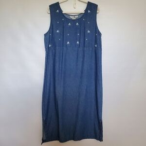 VICTORIA MOON VINTAGE MIDI DRESS DENIM CHAMBRAY EMBROIDERED FLOWERS WOMEN (XL)